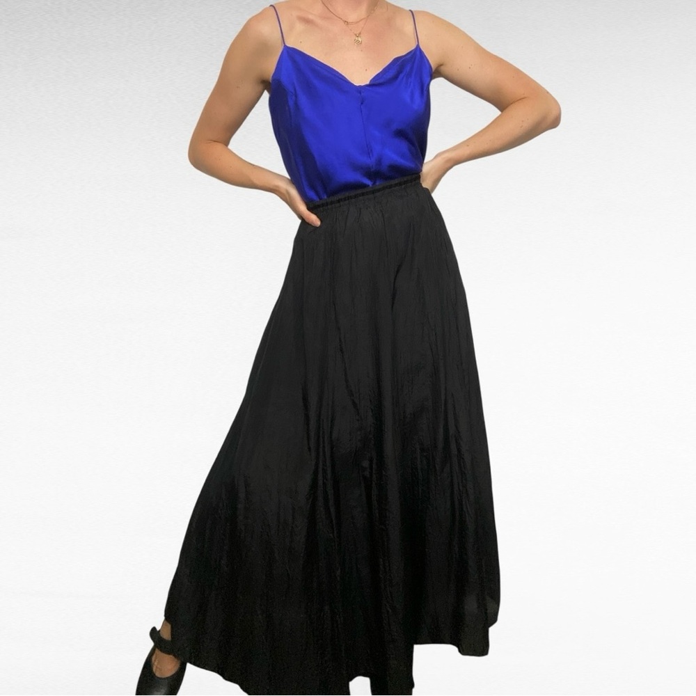 VINTAGE | 1990’s Z.B.D. Design | Black High Waisted A-Line Flowy Silk Skirt